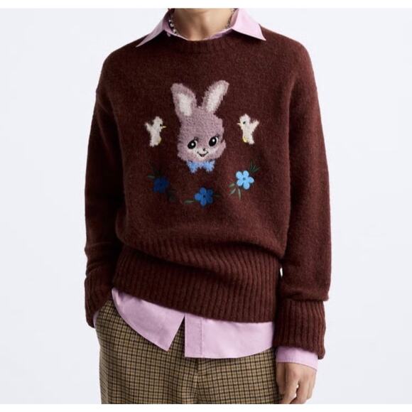 Zara Harry Lambert Intarsia Bunny Rabbit Sweater L Alpaca Wool Blend Unisex NWT - Picture 1 of 11